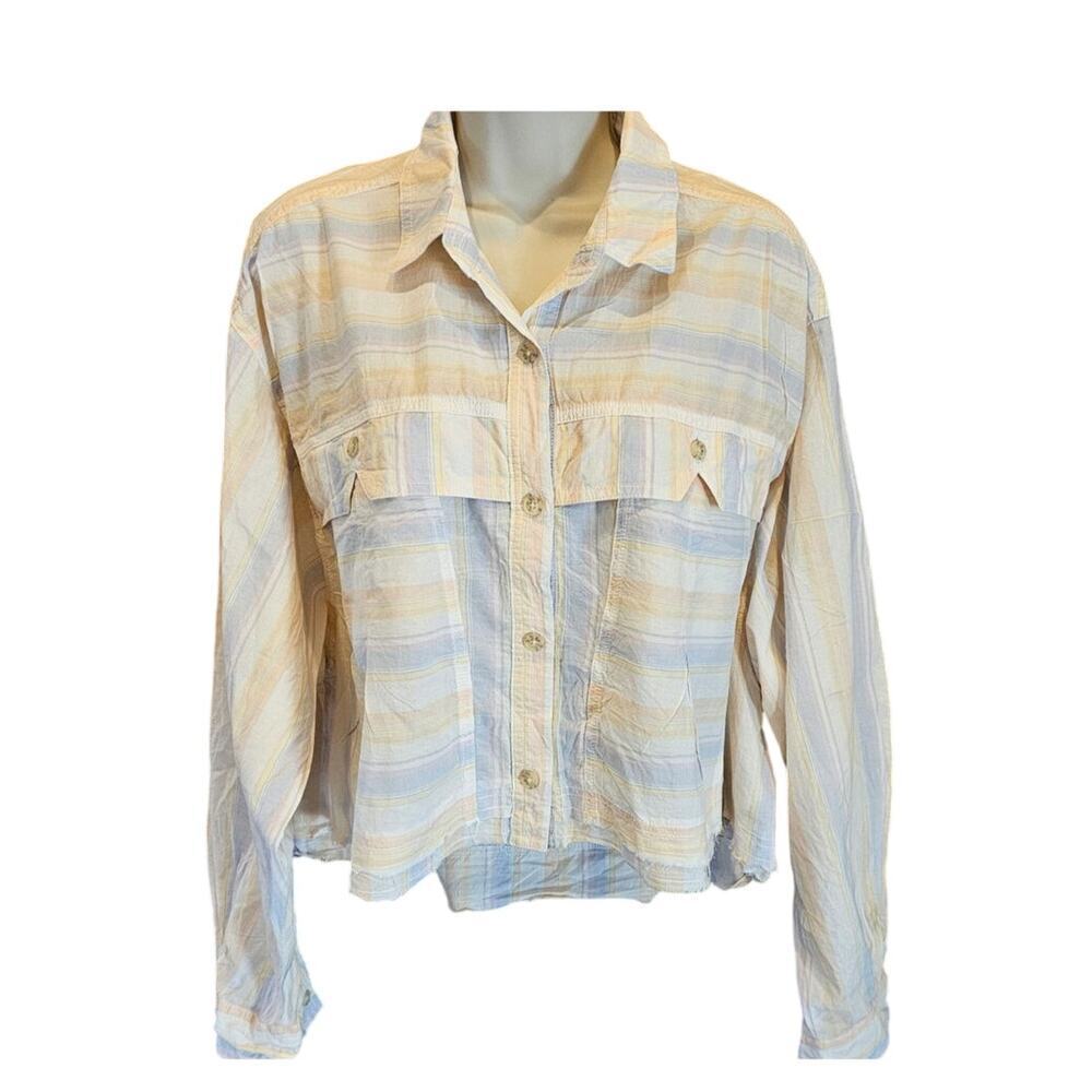 BDG UO size L pastel striped cropped raw hem button up slub oversized EUC